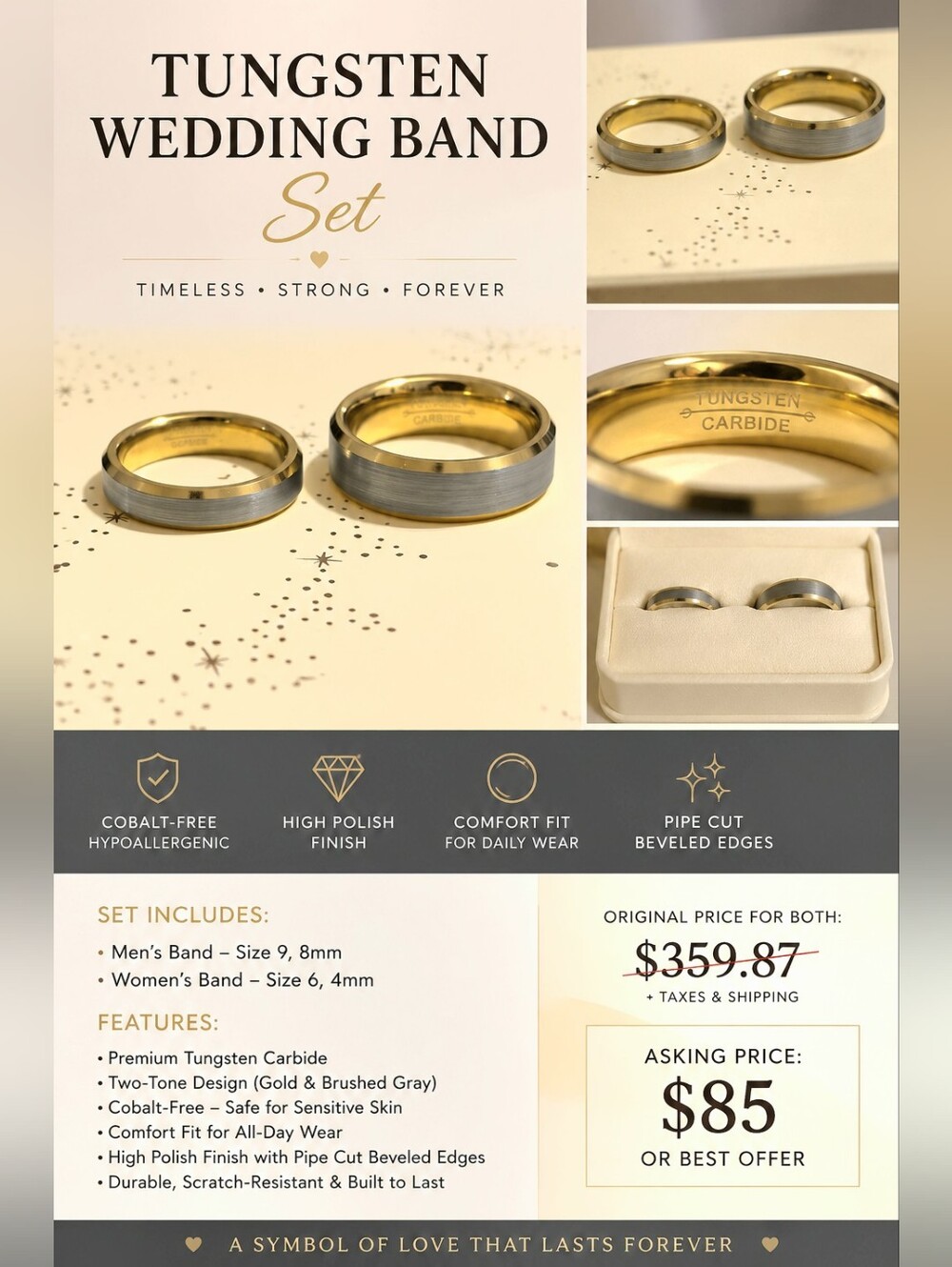 His & Hers Tungsten Carbide Wedding Band Set β Two-Tone Gold & Silver